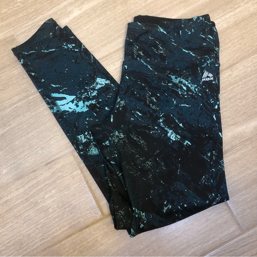 RBX Women’s Black & Teal Marble-Print Leggings size L